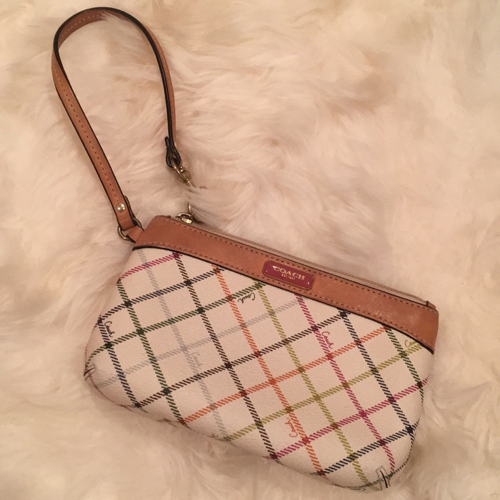Coach White Multicolor Checkered Leather Wristlet